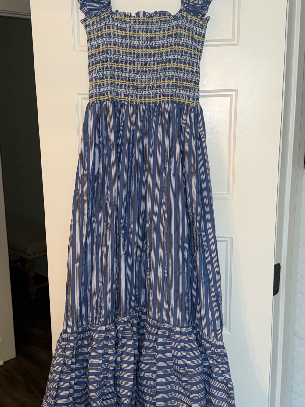 Karlie Blue and White Striped Maxi Dress with Yellow Accents